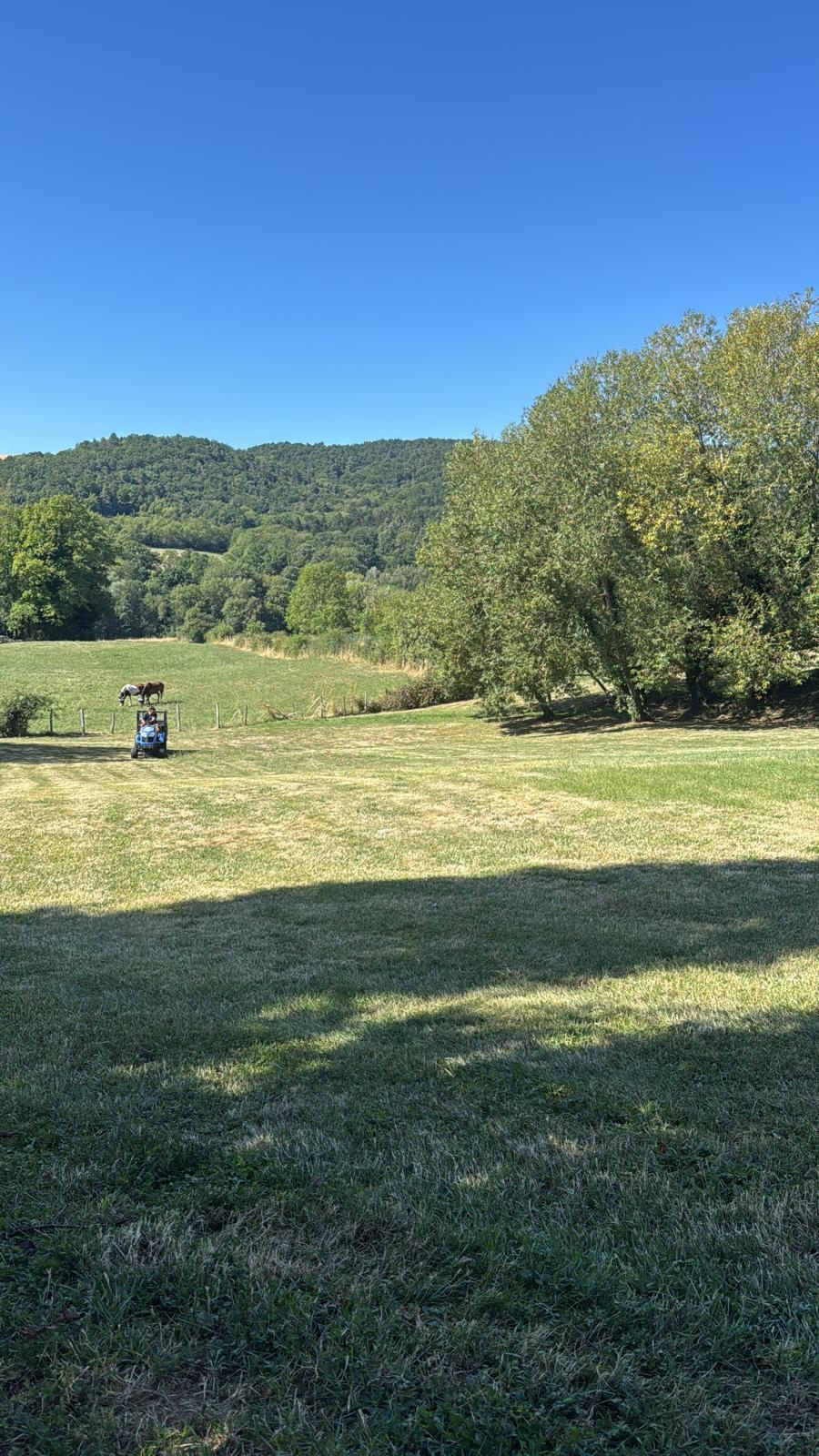Tonte d'un pré avec vue sur la campagne